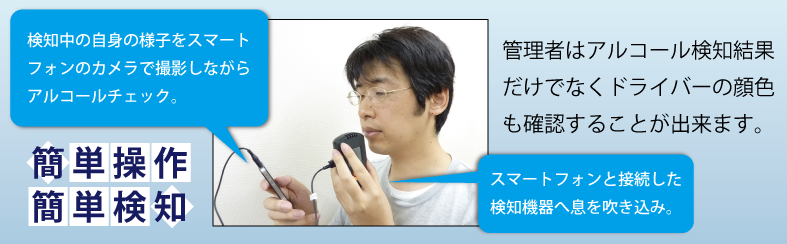 簡単操作で簡単検知 アルコール検知中をしているご自身の様子をスマートフォンのカメラで撮影しながらアルコールチェック。スマートフォンと接続した検知機器へ息を吹き込み使用します。管理者はアルコール検知結果だけでなくドライバの顔色も確認することができます。